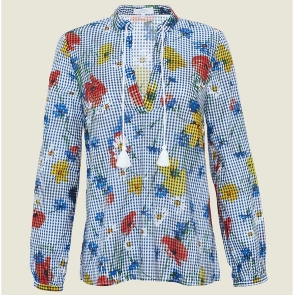 Pearl By Lela Rose- Navy Gingham with Floral Tassel Tie Longsleeve Blouse - Picture 1 of 9